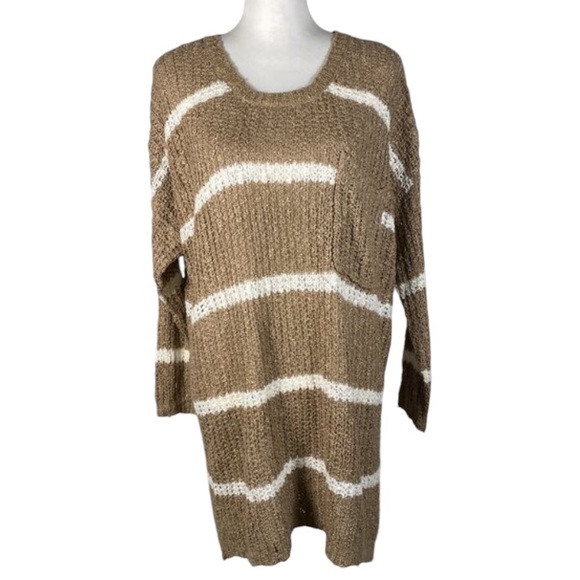 Double Zero Sweaters - Double Zero Brown White Stripes Round Crew Neck Long Sleeve Knit Sweater M